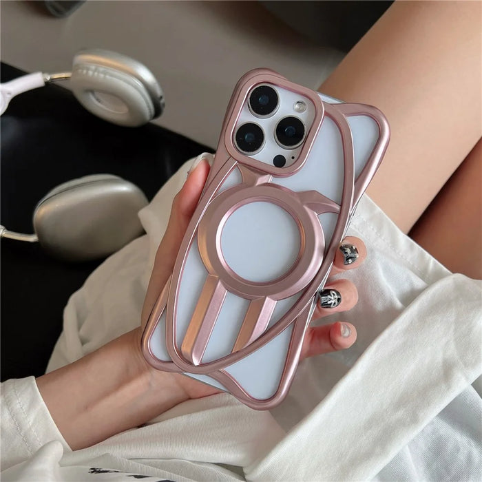 For iPhone 16 Pro Matte Case Compatible with MagSafe Frameless Electroplated Hollow Design TPU Phone Cover - Pink - 3