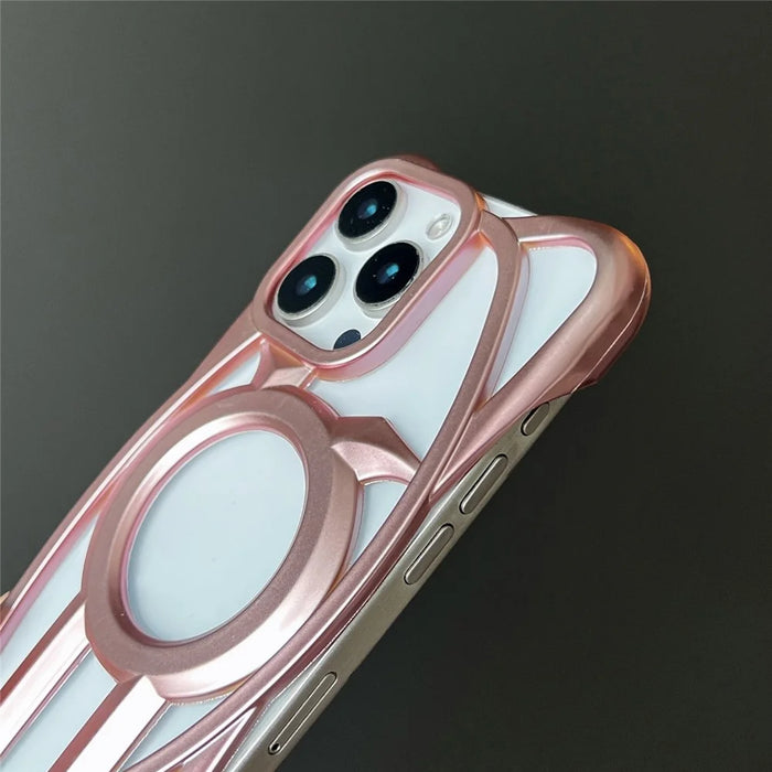 For iPhone 16 Pro Matte Case Compatible with MagSafe Frameless Electroplated Hollow Design TPU Phone Cover - Pink - 4