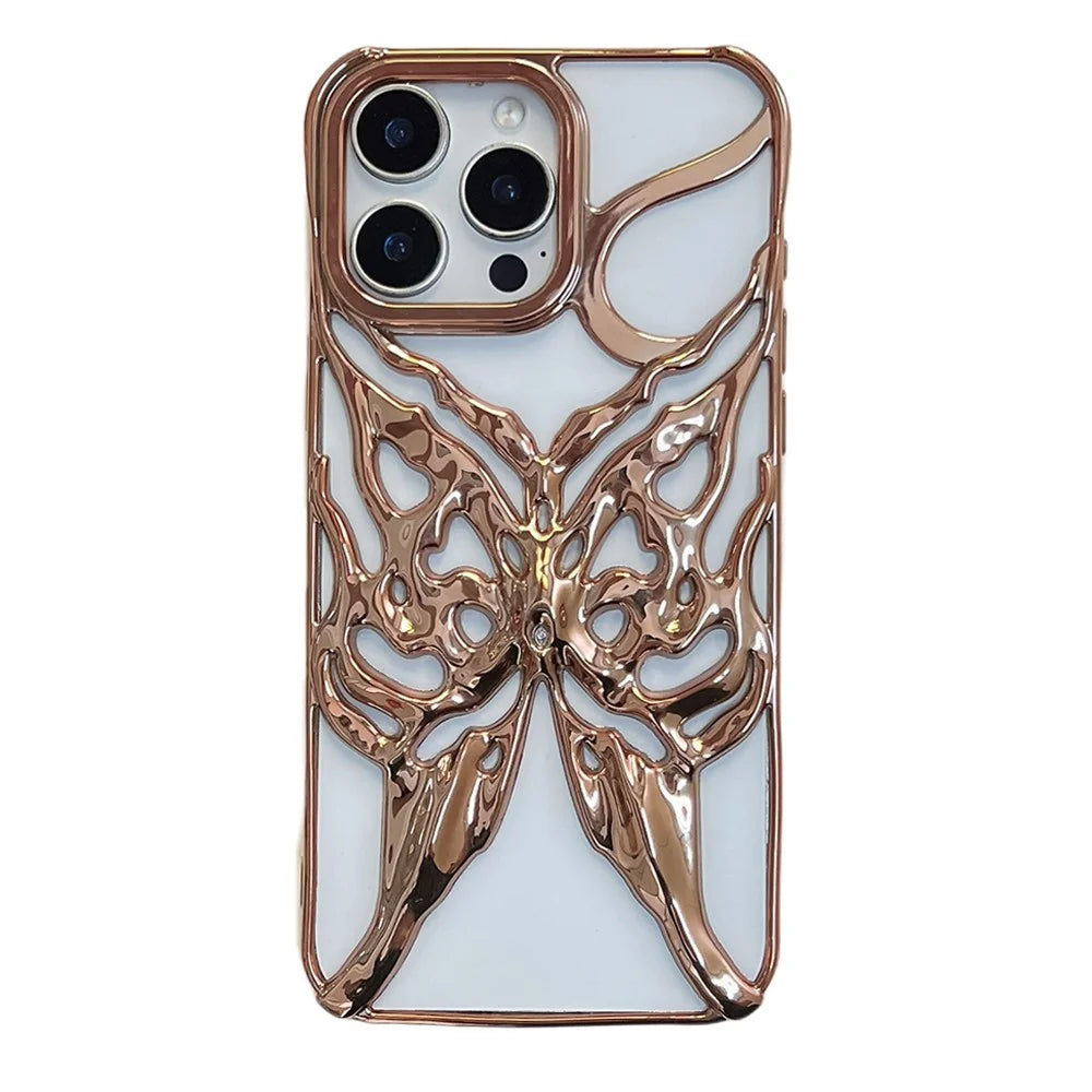 For iPhone 16 Pro Max Case Electroplated Hollow Butterfly Pattern Creative Design TPU Phone Cover - Gold - 1