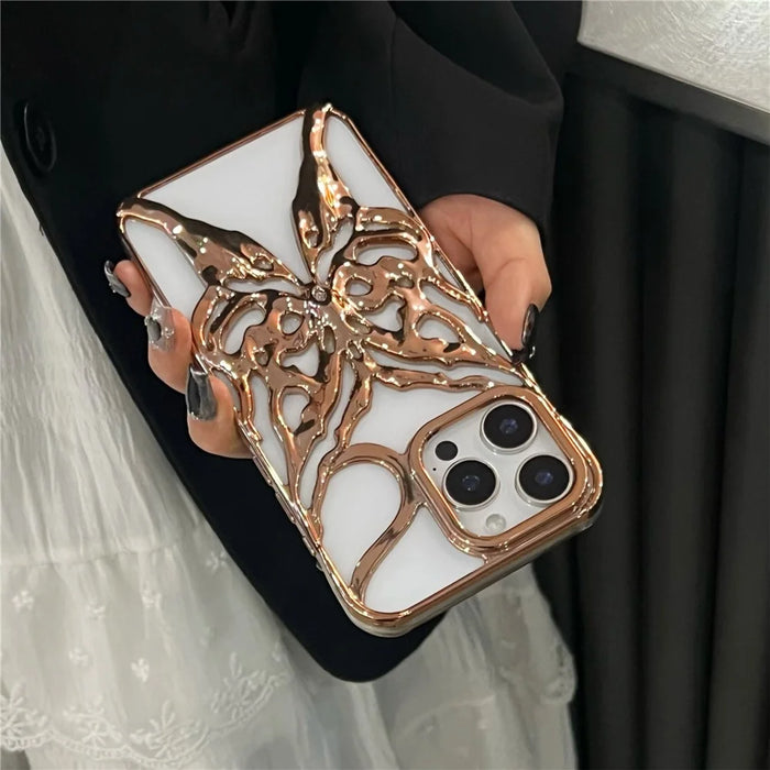 For iPhone 16 Pro Max Case Electroplated Hollow Butterfly Pattern Creative Design TPU Phone Cover - Gold - 3