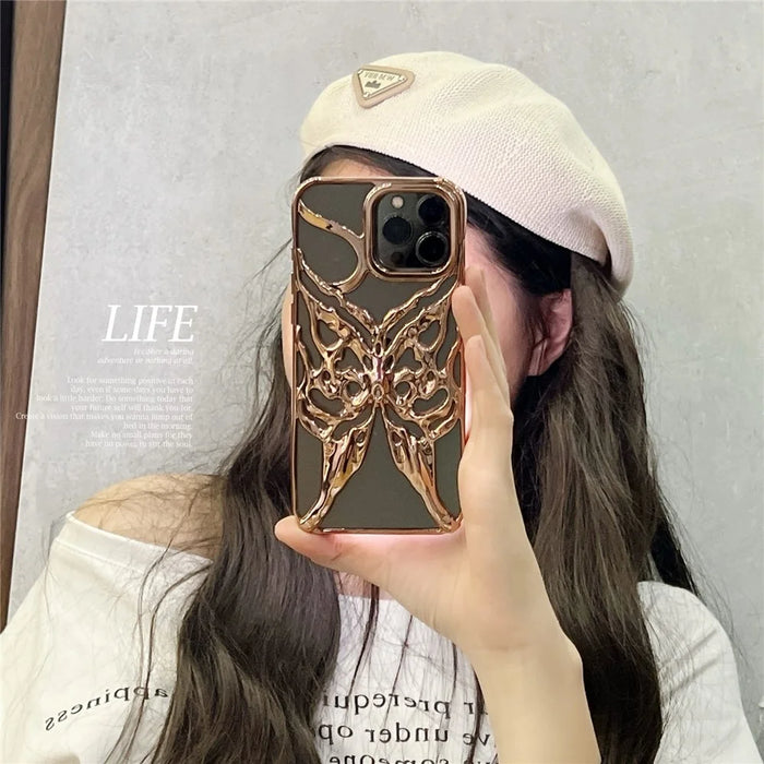 For iPhone 16 Pro Max Case Electroplated Hollow Butterfly Pattern Creative Design TPU Phone Cover - Gold - 4