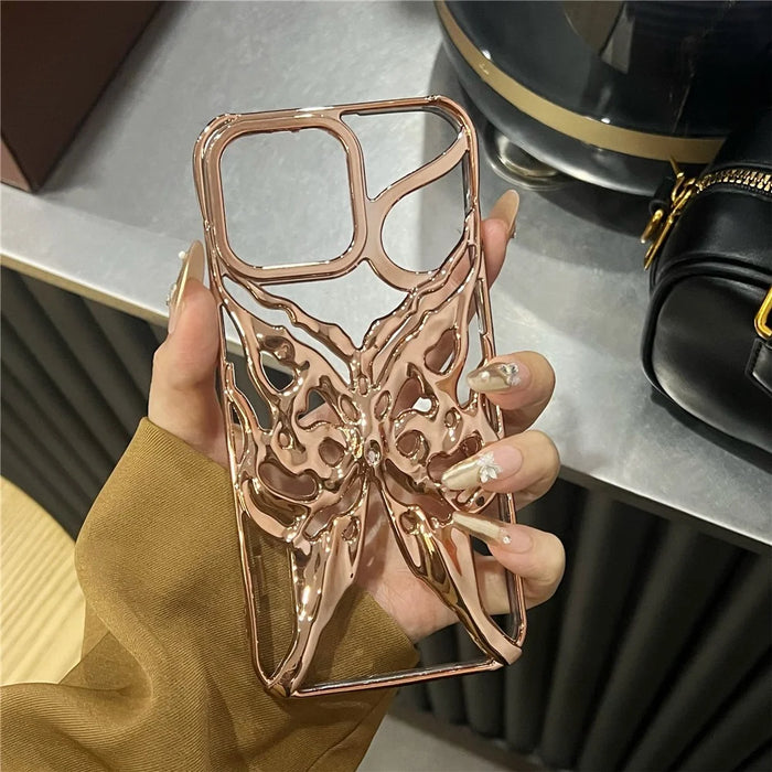For iPhone 16 Pro Max Case Electroplated Hollow Butterfly Pattern Creative Design TPU Phone Cover - Gold - 5