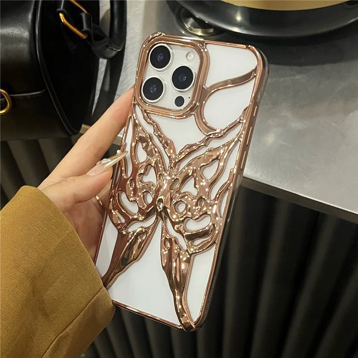 For iPhone 16 Pro Max Case Electroplated Hollow Butterfly Pattern Creative Design TPU Phone Cover - Gold - 6