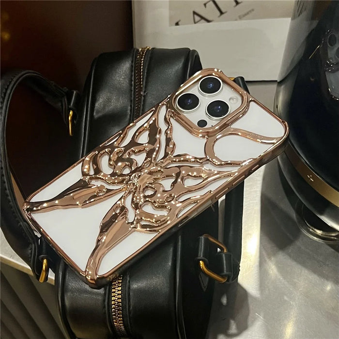 For iPhone 16 Pro Max Case Electroplated Hollow Butterfly Pattern Creative Design TPU Phone Cover - Gold - 7