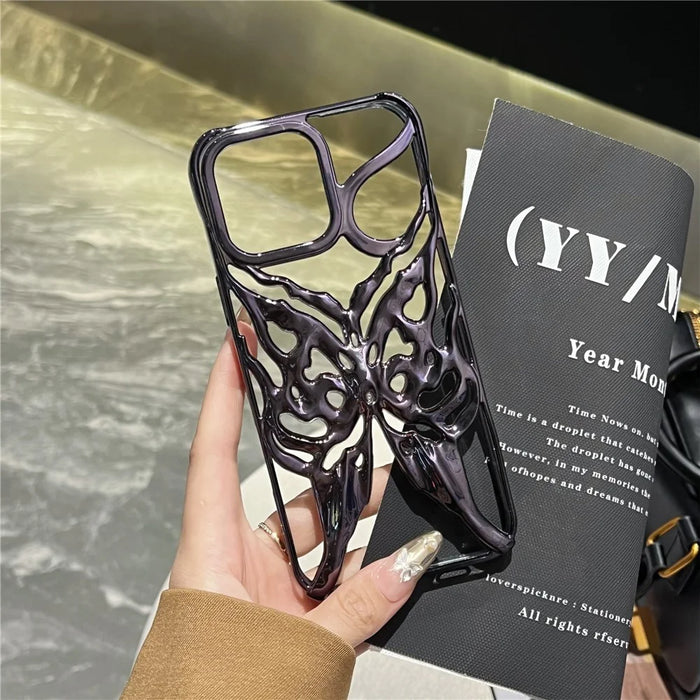 For iPhone 16 Pro Case Electroplated Hollow Butterfly Pattern Creative Design TPU Phone Cover - Black - 6
