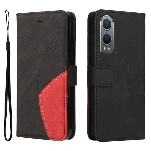 For Oppo K12x 5G (China) / OnePlus Nord CE4 Lite 5G Leather Phone Case Stand Wallet with Bi-colour Splicing Design - Black - 1