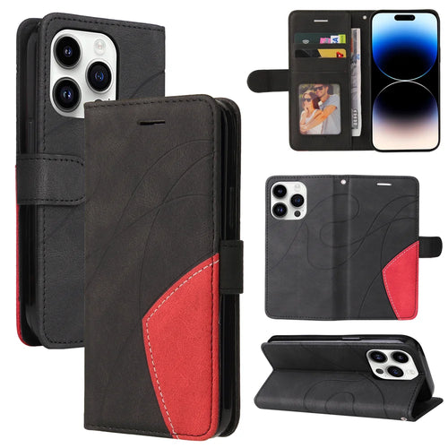 For iPhone 15 Pro Leather Phone Case Stand Wallet with Bi-colour Splicing Design - Black - 1