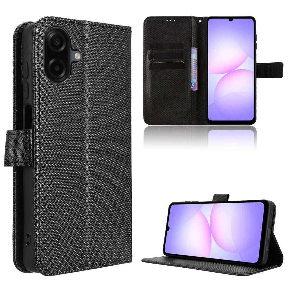 For Samsung Galaxy A08 5G / A08 4G / A07 4G Leather Wallet Case with Strap Diamond Texture Phone Cover - Black - 1