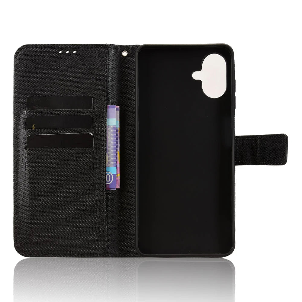 For Samsung Galaxy A08 5G / A08 4G / A07 4G Leather Wallet Case with Strap Diamond Texture Phone Cover - Black - 5