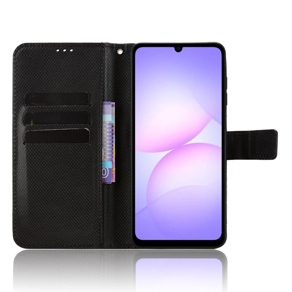 For Samsung Galaxy A08 5G / A08 4G / A07 4G Leather Wallet Case with Strap Diamond Texture Phone Cover - Black - 6