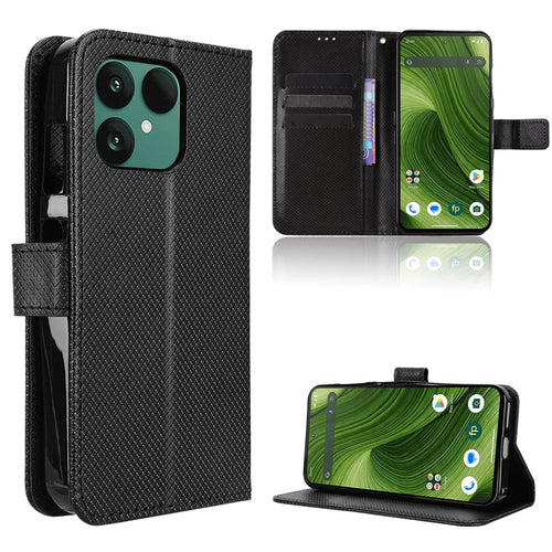 For Fairphone 6 Leather Wallet Case with Strap Diamond Texture Phone Cover - Black - 1