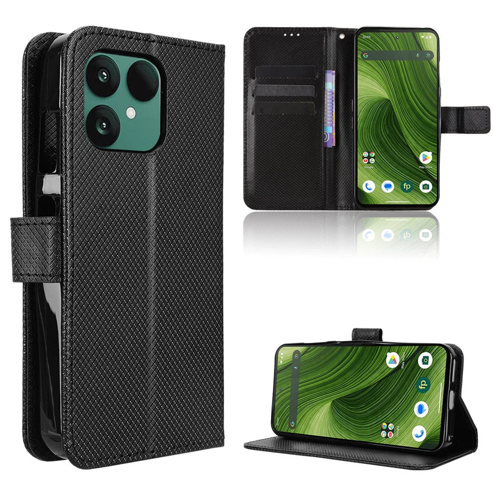 For Fairphone 6 Leather Wallet Case with Strap Diamond Texture Phone Cover - Black - 1