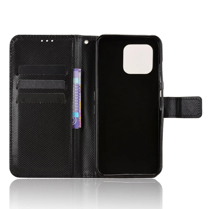 For Fairphone 6 Leather Wallet Case with Strap Diamond Texture Phone Cover - Black - 5