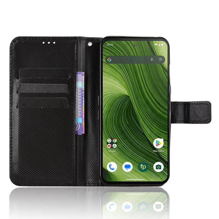 For Fairphone 6 Leather Wallet Case with Strap Diamond Texture Phone Cover - Black - 6