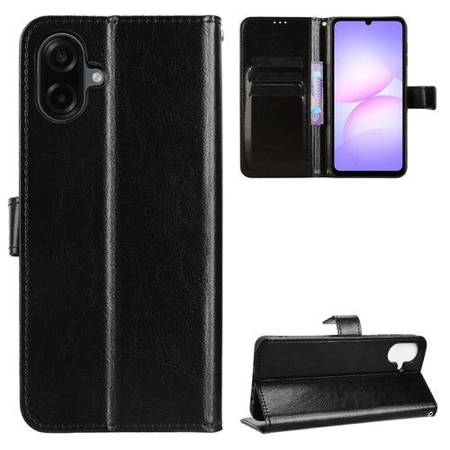 For Samsung Galaxy A08 5G / A08 4G / A07 4G PU Leather Case with Strap Crazy Horse Texture Phone Wallet Cover - Black - 1