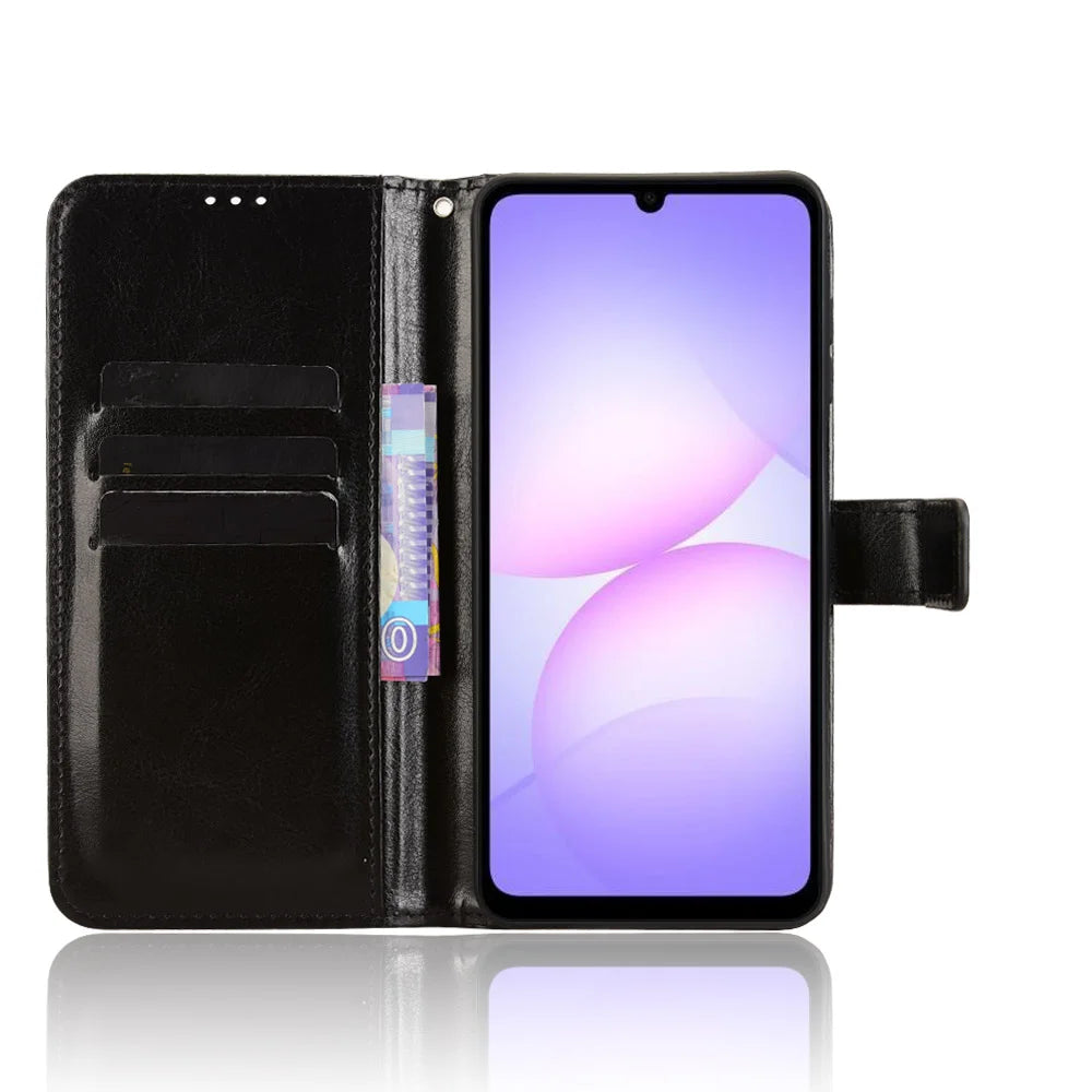 For Samsung Galaxy A08 5G / A08 4G / A07 4G PU Leather Case with Strap Crazy Horse Texture Phone Wallet Cover - Black - 5