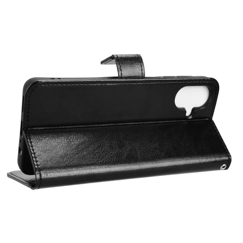 For Samsung Galaxy A08 5G / A08 4G / A07 4G PU Leather Case with Strap Crazy Horse Texture Phone Wallet Cover - Black - 6