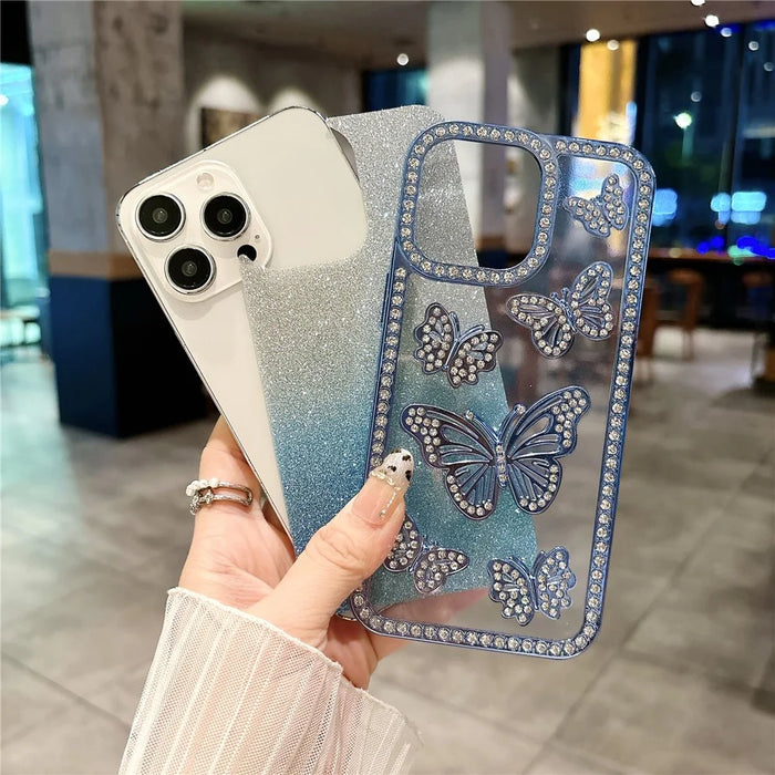 For iPhone 15 Pro Case Rhinestone Butterfly Decor Soft TPU Phone Cover - Pink - 3