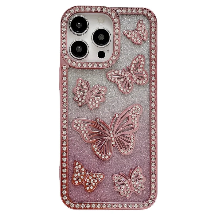 For iPhone 15 Pro Max Case Rhinestone Butterfly Decor Soft TPU Phone Cover - Pink - 1