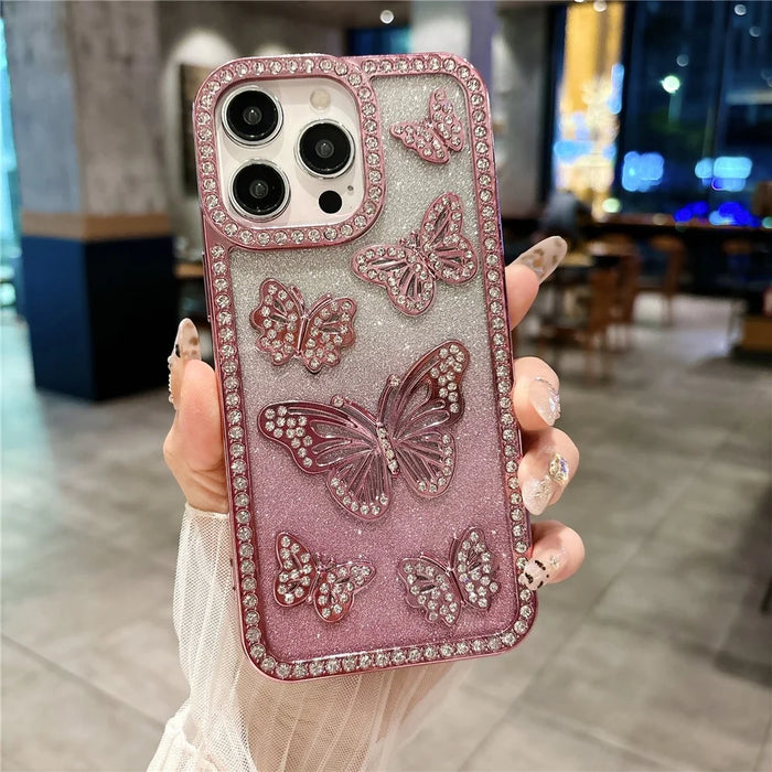 For iPhone 15 Pro Max Case Rhinestone Butterfly Decor Soft TPU Phone Cover - Pink - 2
