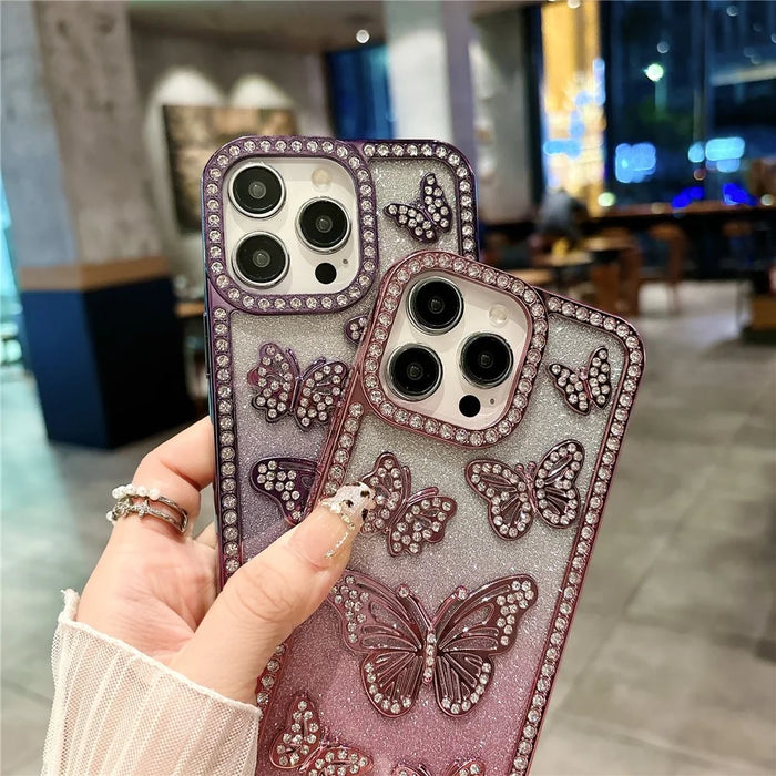 For iPhone 15 Pro Max Case Rhinestone Butterfly Decor Soft TPU Phone Cover - Pink - 5