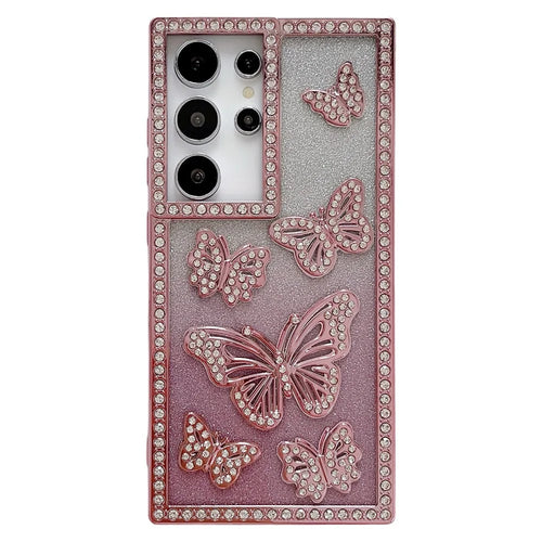For Samsung Galaxy S24 Ultra Case Rhinestone Butterfly Decor Soft TPU Phone Cover - Pink - 1