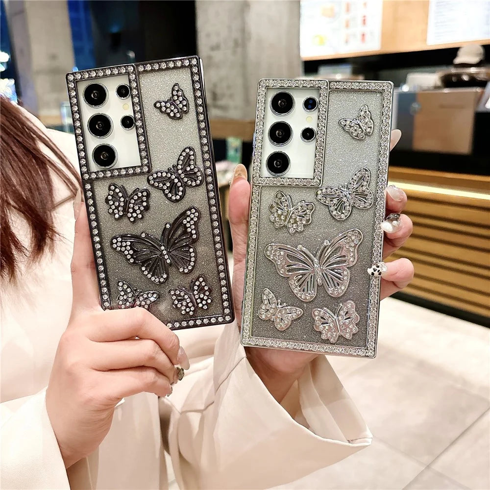 For Samsung Galaxy S25 Ultra Case Rhinestone Butterfly Decor Soft TPU Phone Cover - Pink - 4