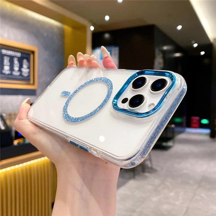 For iPhone 16 Pro Clear Case TPU + Acrylic Glitter Phone Cover Compatible with MagSafe - Blue - 2