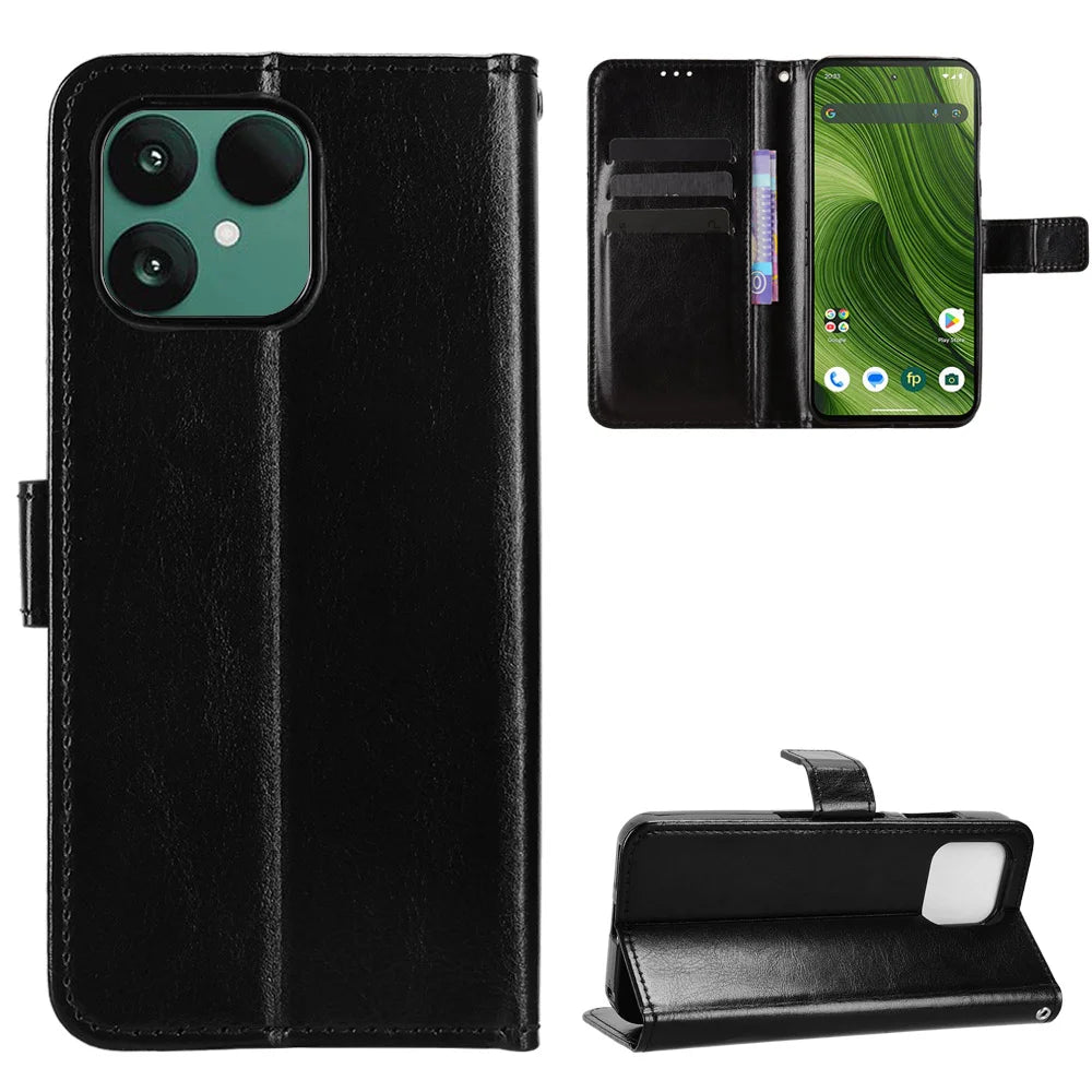 For Fairphone 6 PU Leather Case with Strap Crazy Horse Texture Phone Wallet Cover - Black - 1