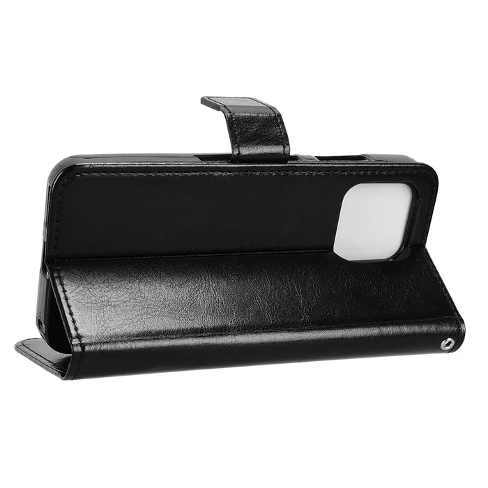 For Fairphone 6 PU Leather Case with Strap Crazy Horse Texture Phone Wallet Cover - Black - 6
