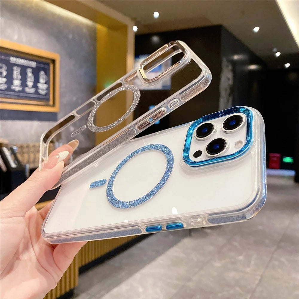 For iPhone 16 Pro Max Clear Case TPU + Acrylic Glitter Phone Cover Compatible with MagSafe - Blue - 3