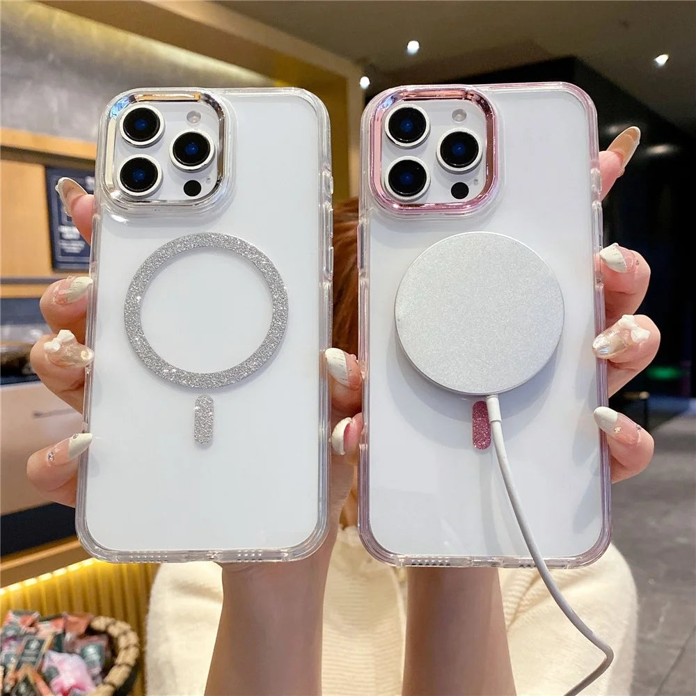 For iPhone 16 Pro Max Clear Case TPU + Acrylic Glitter Phone Cover Compatible with MagSafe - Blue - 4