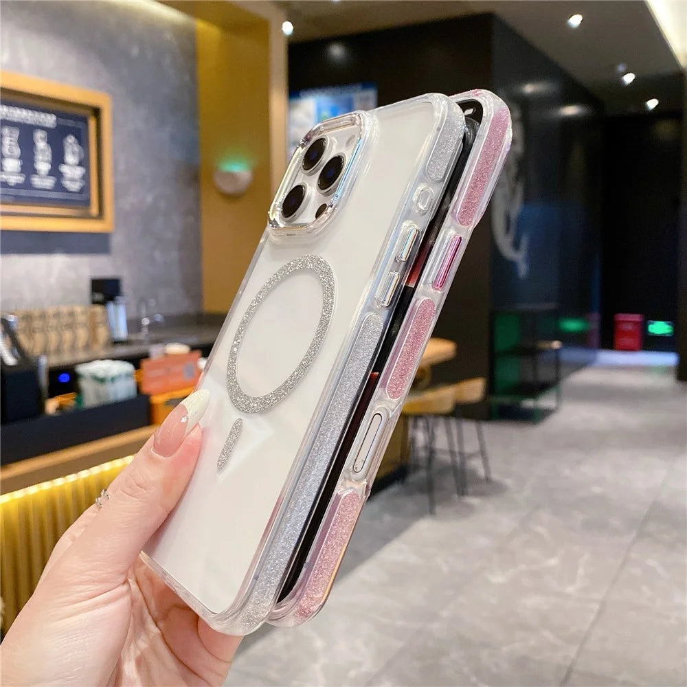 For iPhone 16 Pro Max Clear Case TPU + Acrylic Glitter Phone Cover Compatible with MagSafe - Blue - 7