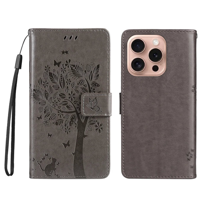 For iPhone 16 Pro Phone Case with Stand Cat Tree Pattern Leather Wallet Mobile Cover - Grey - 1