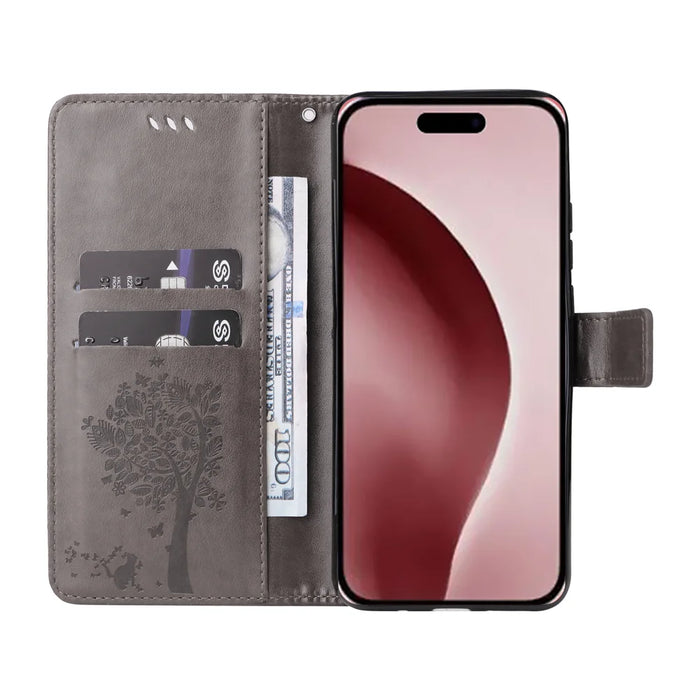 For iPhone 16 Pro Phone Case with Stand Cat Tree Pattern Leather Wallet Mobile Cover - Grey - 2