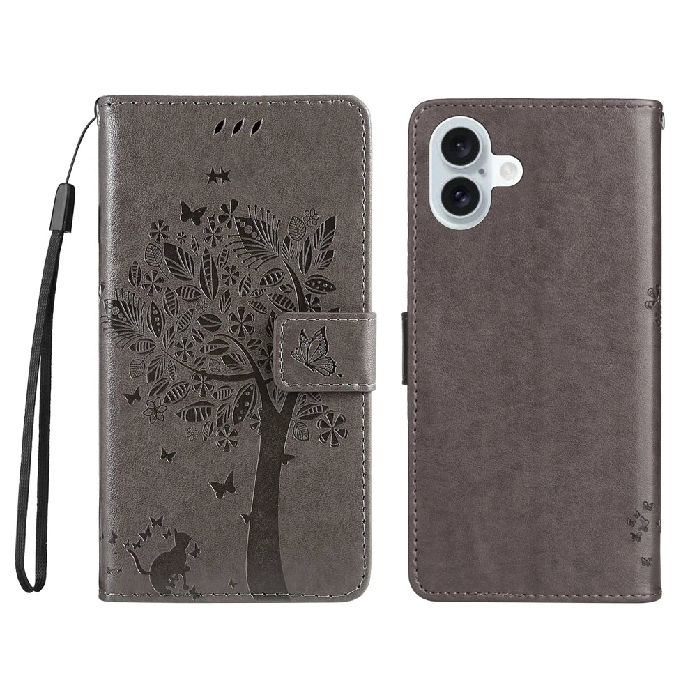 For iPhone 16 Plus Phone Case with Stand Cat Tree Pattern Leather Wallet Mobile Cover - Grey - 1