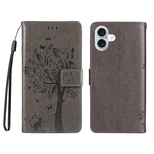 For iPhone 16 Plus Phone Case with Stand Cat Tree Pattern Leather Wallet Mobile Cover - Grey - 1