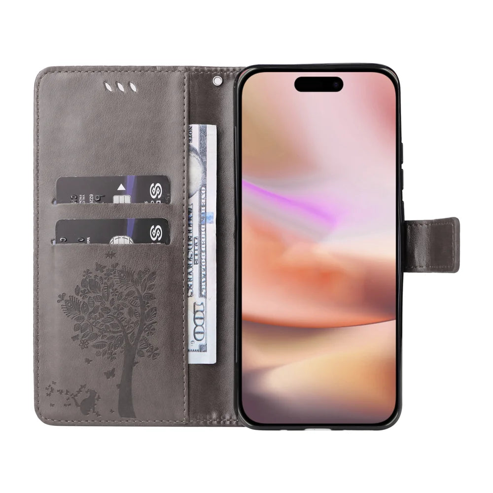 For iPhone 16 Plus Phone Case with Stand Cat Tree Pattern Leather Wallet Mobile Cover - Grey - 2