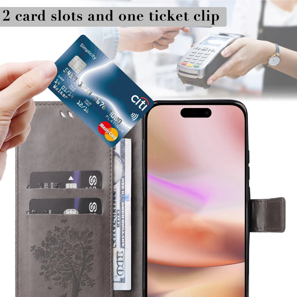 For iPhone 16 Plus Phone Case with Stand Cat Tree Pattern Leather Wallet Mobile Cover - Grey - 6