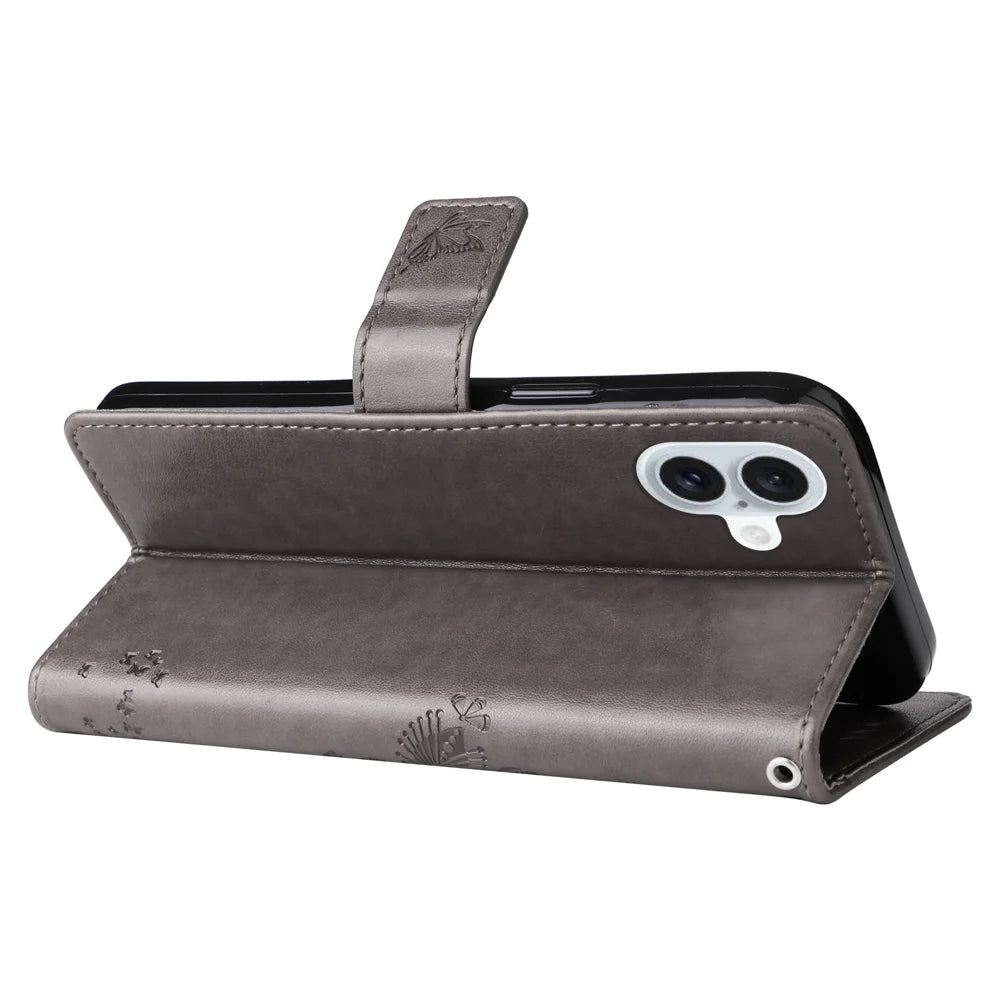 For iPhone 16 Plus Phone Case with Stand Cat Tree Pattern Leather Wallet Mobile Cover - Grey - 7