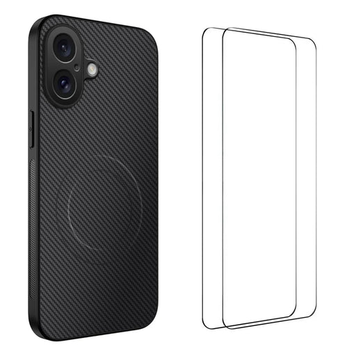 WANLONFENG For iPhone 16 Magnetic Case  TQ1 Series Carbon Fiber Texture PC TPU Phone Cover with 2Pcs Screen Films - Black - 1