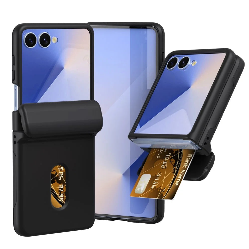 For Samsung Galaxy Z Flip7 5G Case Spring Hinge PC Folding Phone Cover with Card Slot - Black - 1