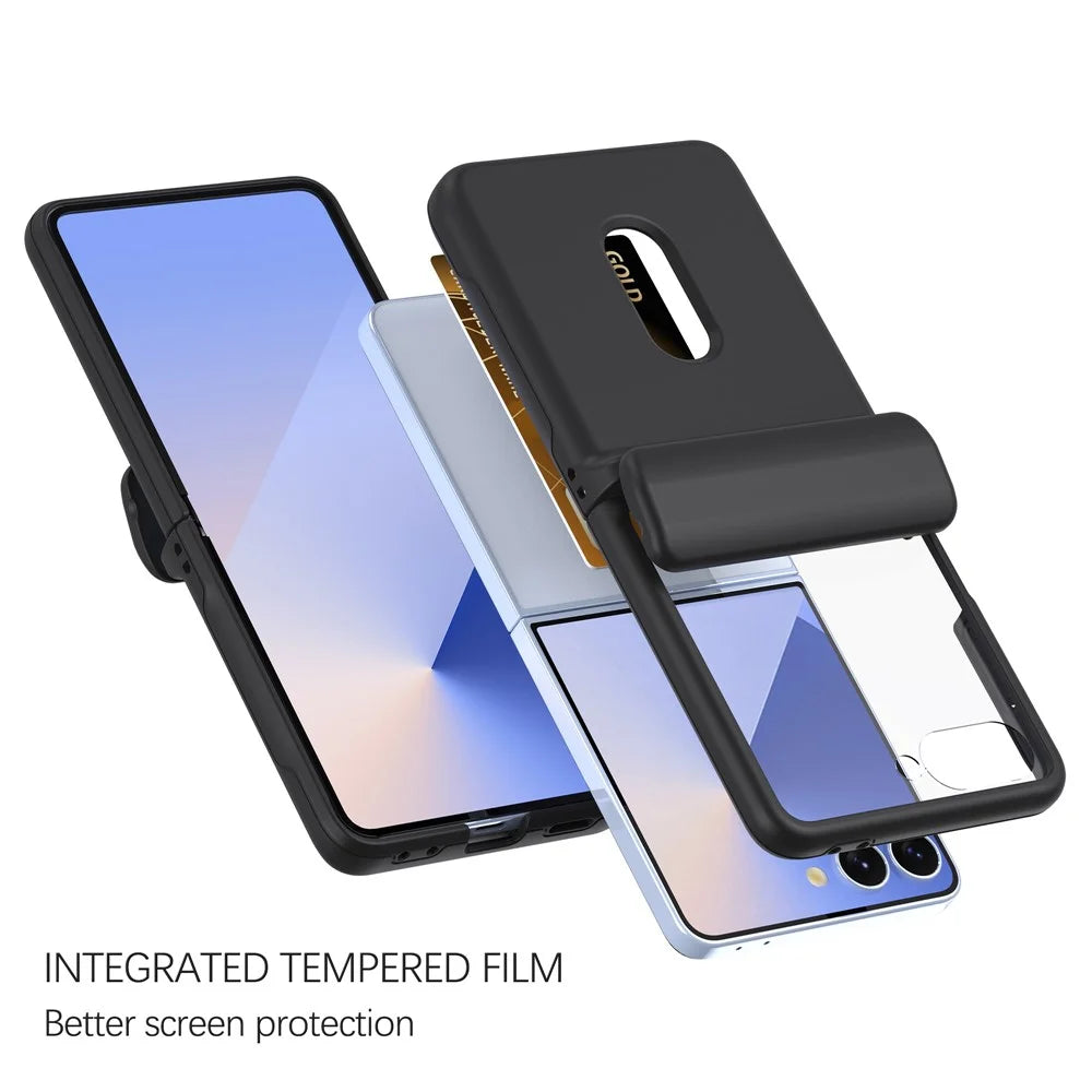 For Samsung Galaxy Z Flip7 5G Case Spring Hinge PC Folding Phone Cover with Card Slot - Black - 5