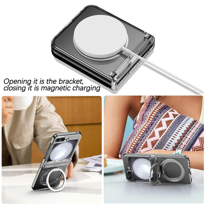 For Samsung Galaxy Z Flip5 5G Case with Magnetic Kickstand Spring Hinge PC Folding Phone Cover - Transparent - 6