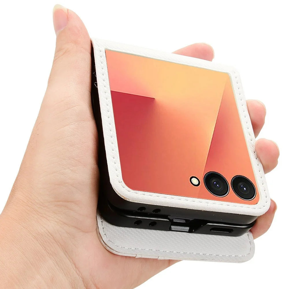 For Samsung Galaxy Z Flip7 5G Case PU Leather + PC Card Holder Mobile Phone Cover - White - 5