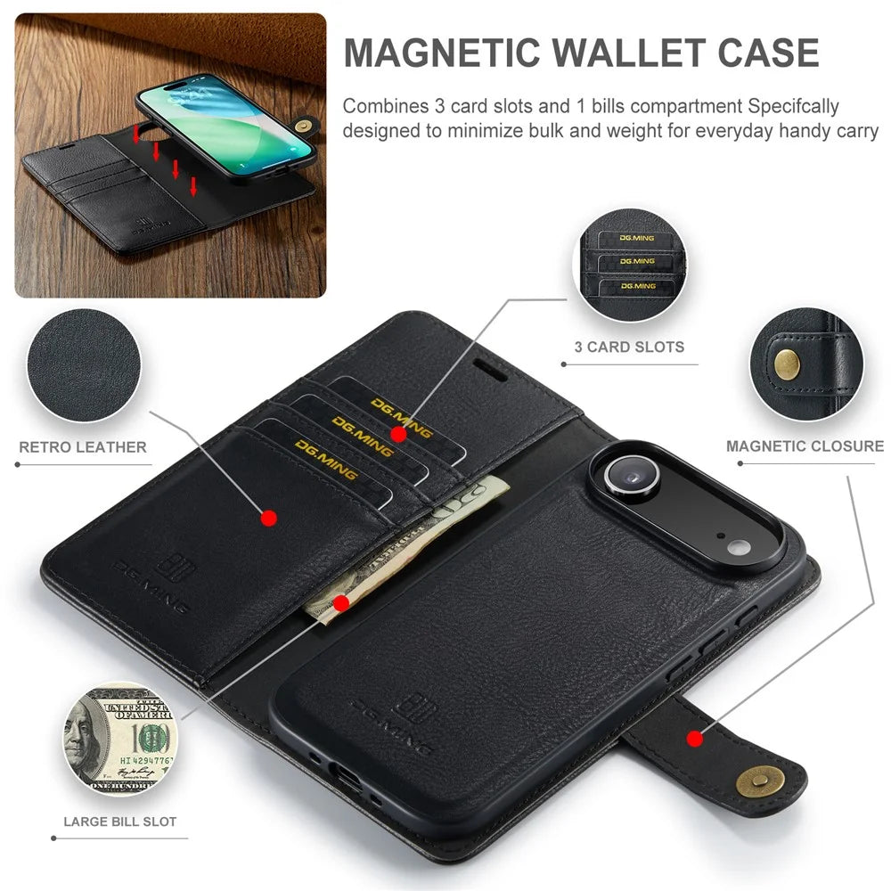 DG.MING for iPhone Air Case Detachable Split Leather Phone Cover - Black - 7