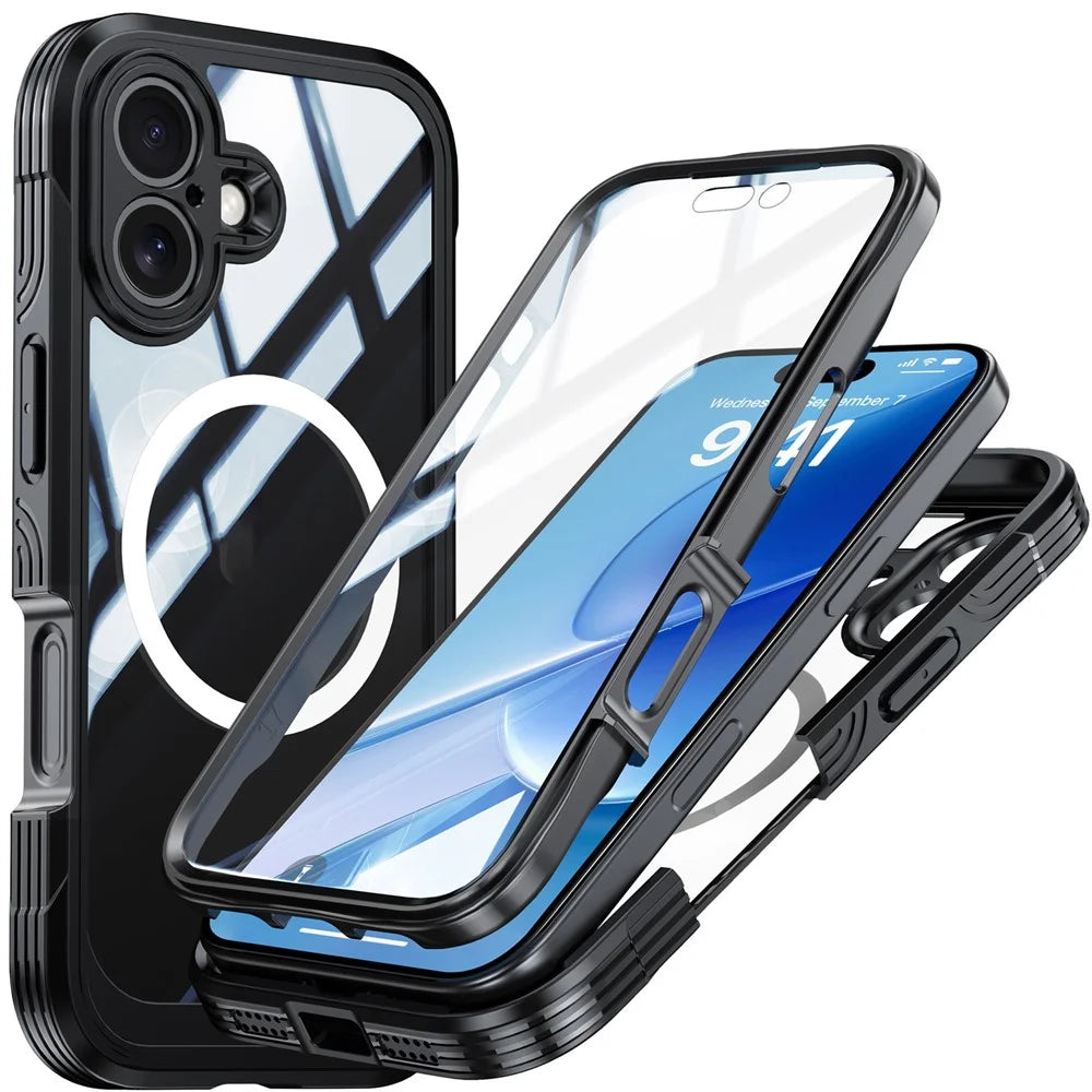 For iPhone 17 Magnetic Case PC + TPU Phone Cover with Tempered Glass Screen Film - Black - 1
