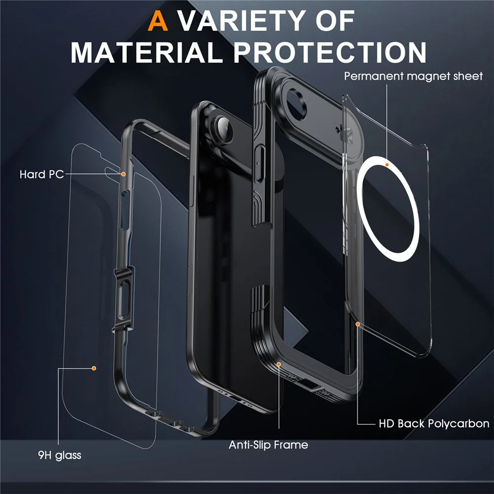 For iPhone Air Magnetic Case PC + TPU Phone Cover with Tempered Glass Screen Film - Black - 6