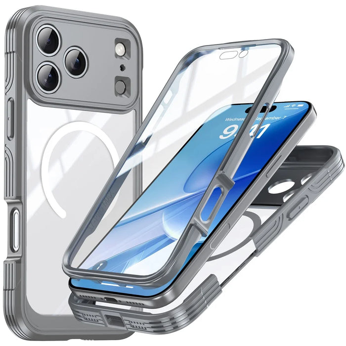For iPhone 18 Pro / 17 Pro Magnetic Case PC + TPU Phone Cover with Tempered Glass Screen Film - Grey - 1