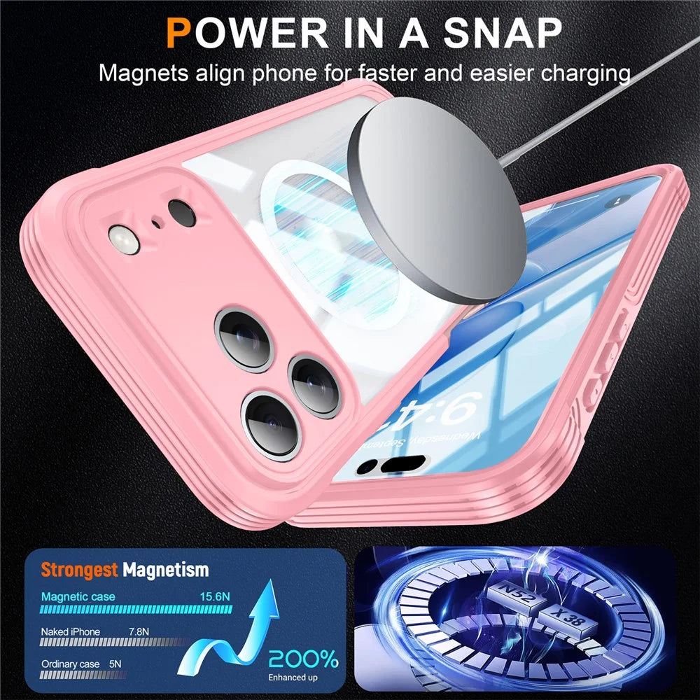 For iPhone 18 Pro Max / 17 Pro Max Case Compatible with MagSafe PC + TPU Phone Cover with Tempered Glass Screen Film - Pink - 4